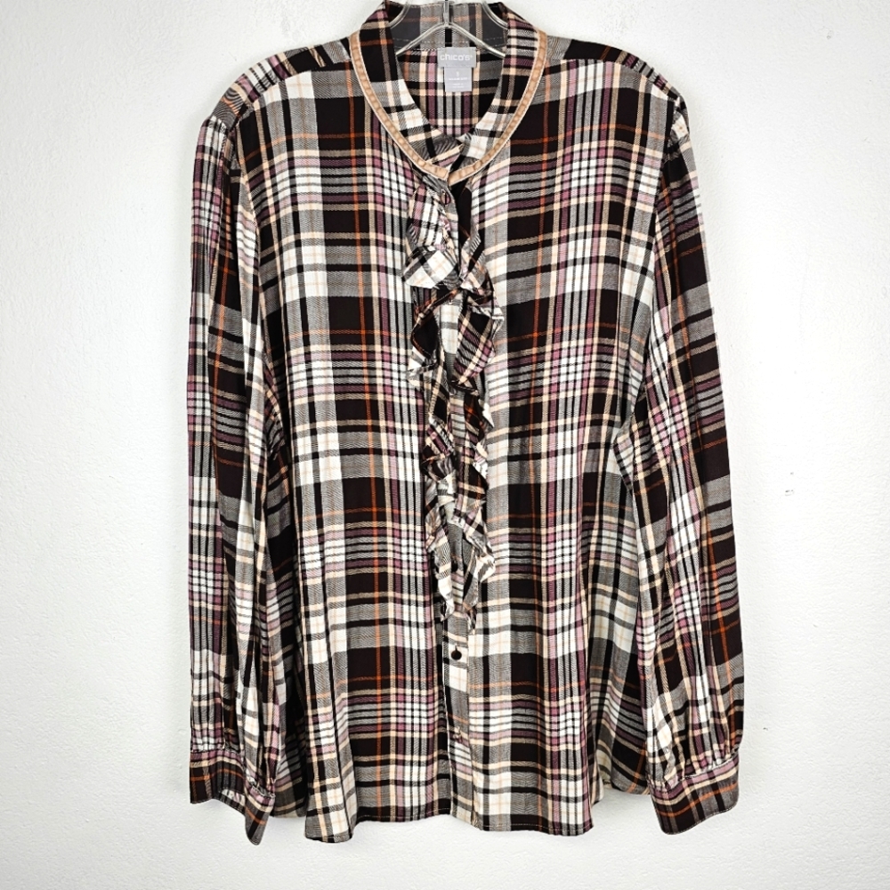 Chico's Shirt Ruffle Button Front Brown Plaid 16/18 Cottagecore Boho Country